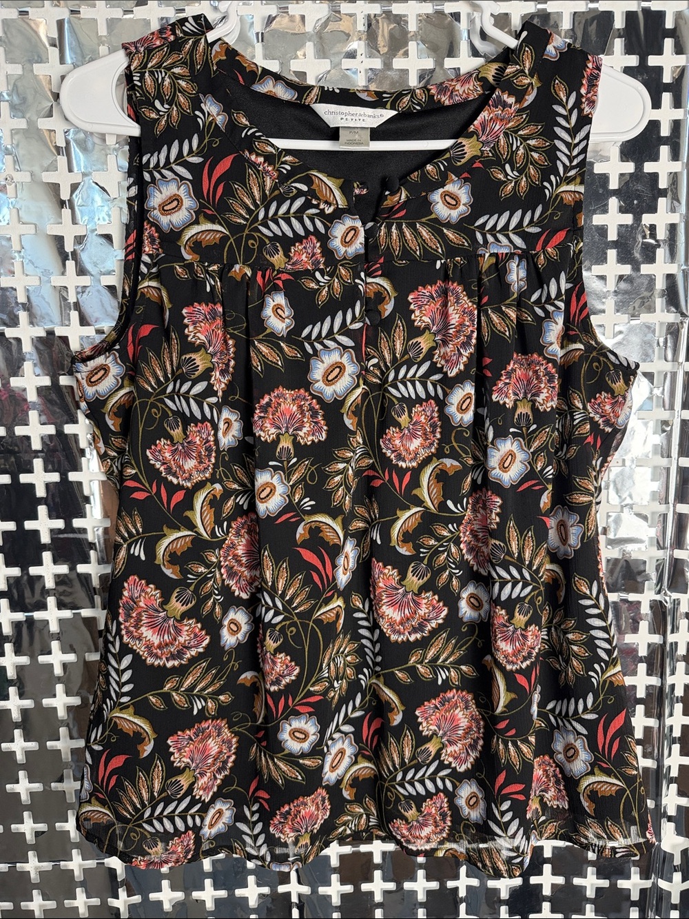 Christopher & Banks Black Floral Pleated Sleeveless Camisole Top